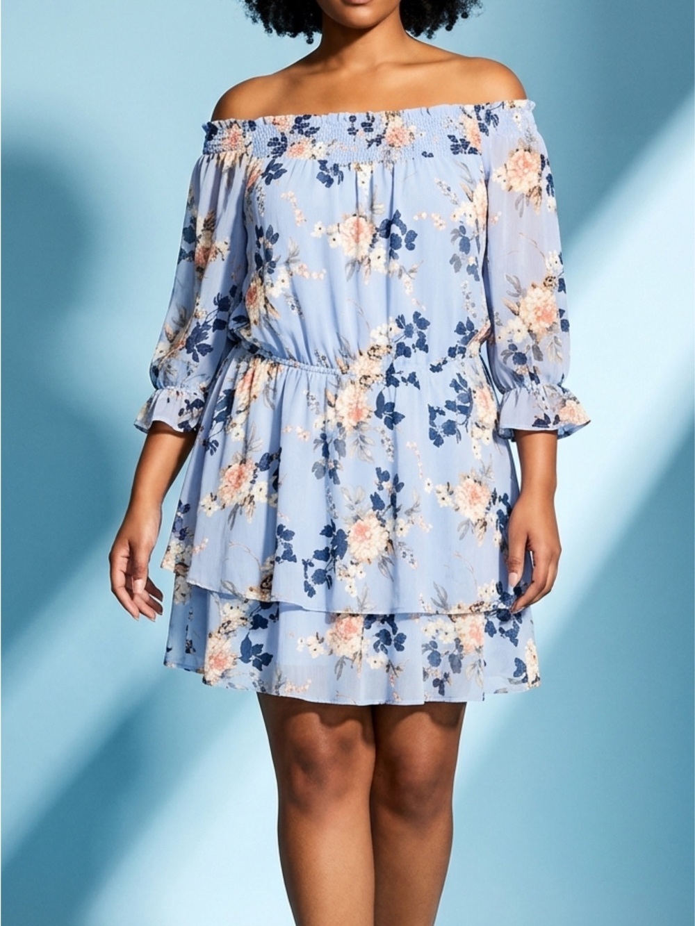 City Chic Odette Off Shoulder Dress Sz XXL-24 Floral 3/4 Sleeve Blue **READ**